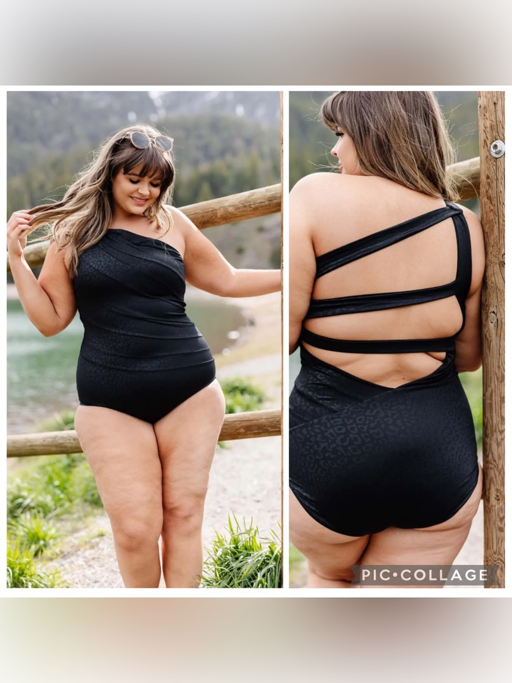 KIAVA Plus-Size One-Shoulder Black Strappy Back Swimsuit size XXL